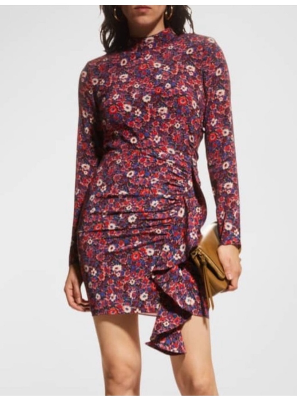 Veronica Beard Louella Mini Burgundy Floral Long-Sleeve Ruched Mini Dress size 4